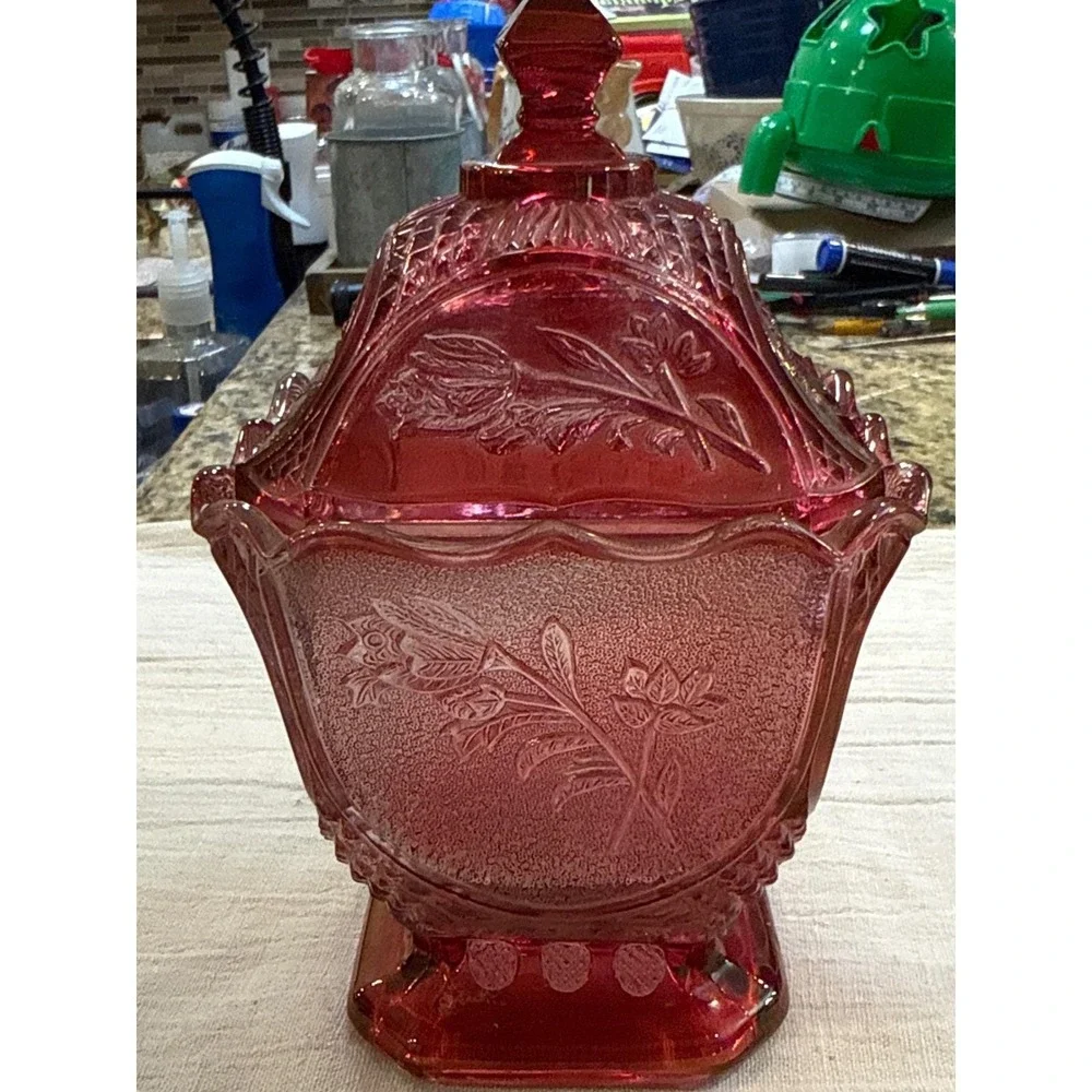 Vintage Ruby Red Glass Candy Dish with Lid Floral Rose Pattern Footed Square 7in